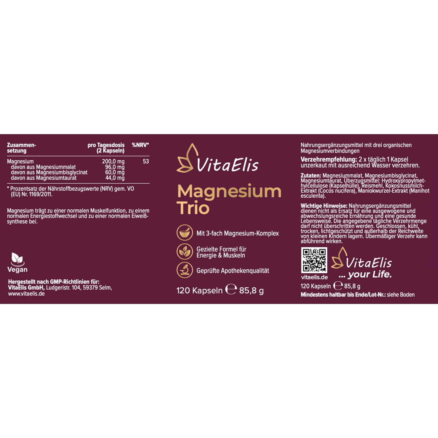 VitaElis Magnesium Trio – Etikett mit Zusammensetzung und Nährwertangaben